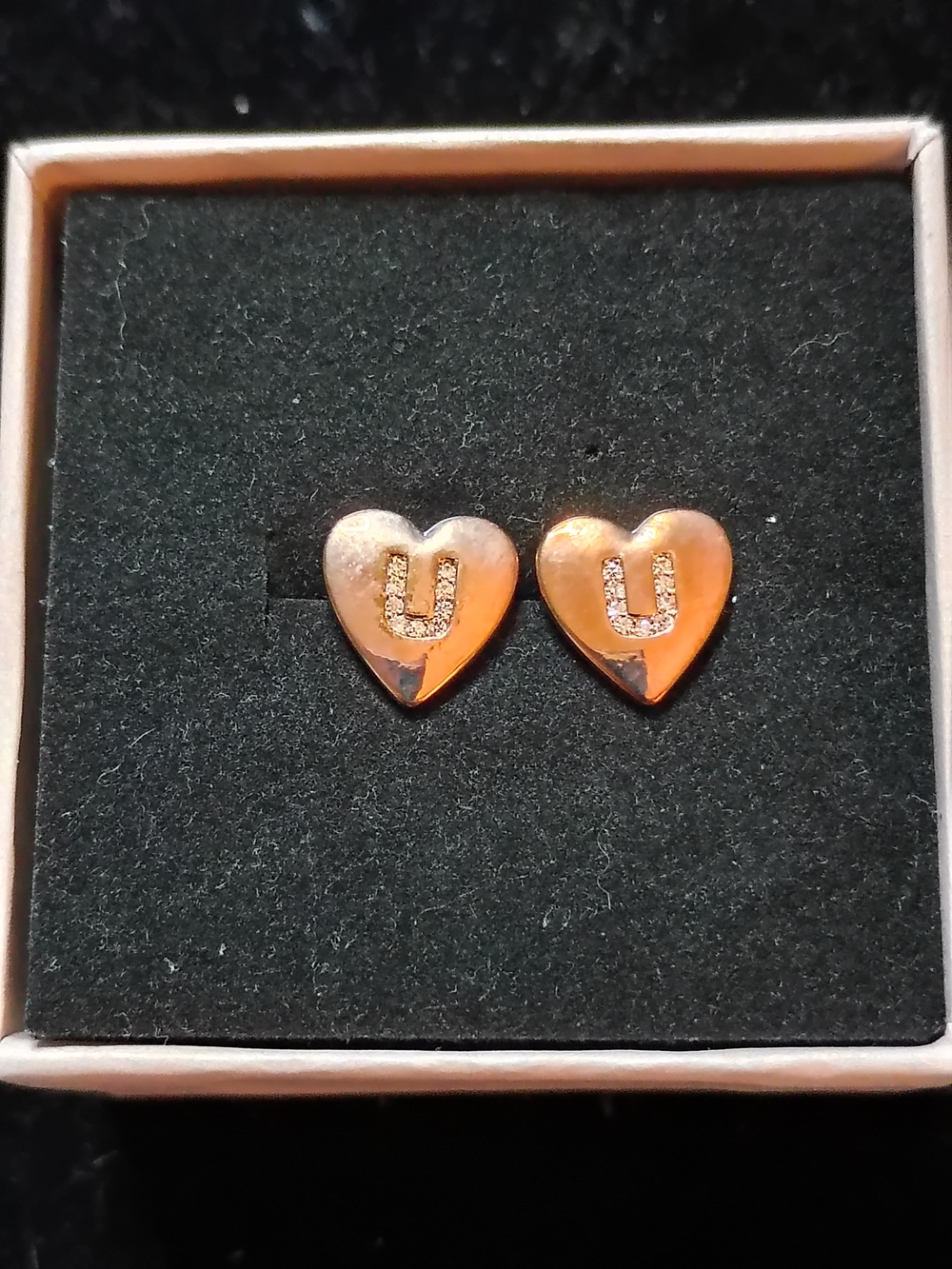 Heart Stud Earrings with U Initial in Rose Gold